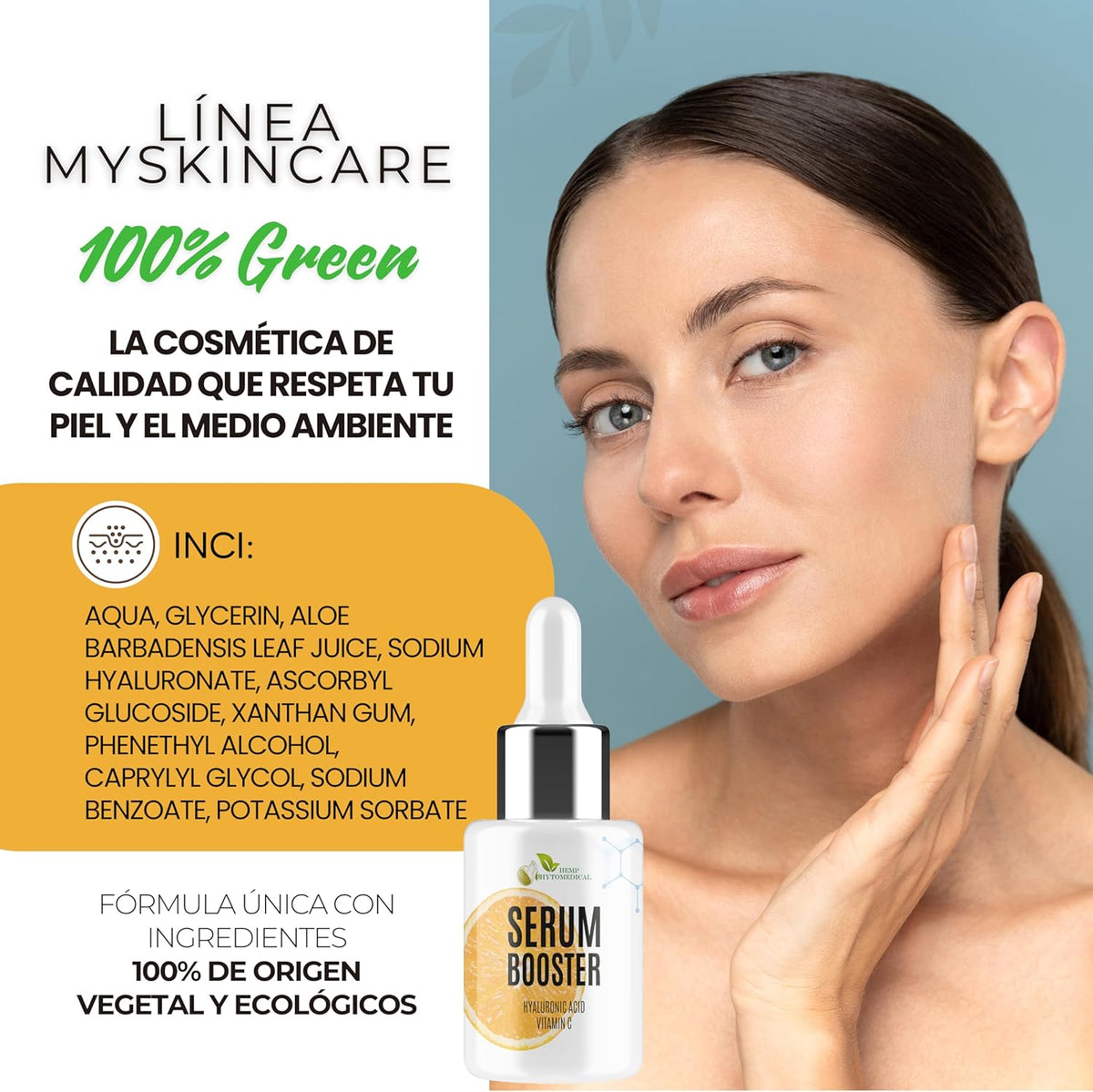 MY SKINCARE Hyaluronic Acid and Vitamin C Serum Booster for Anti-Aging, Dark Spot Treatment, and Brightening. 100% Green Formula