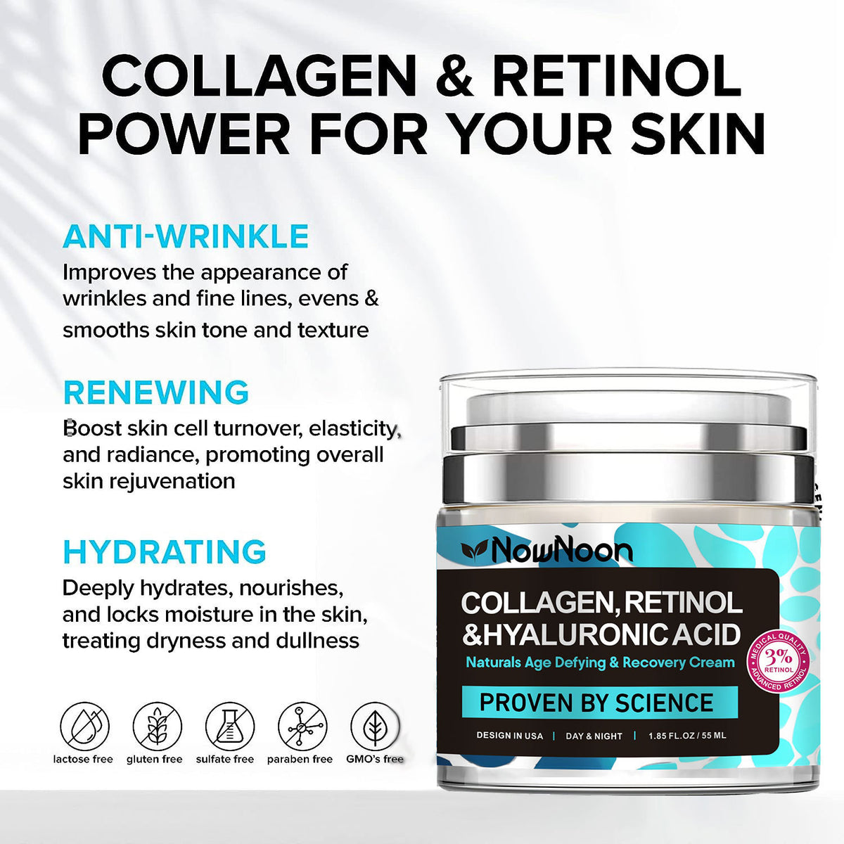 Nownoon – Crema Facial de Colágeno, Retinol y Ácido Hialurónico 55 ml